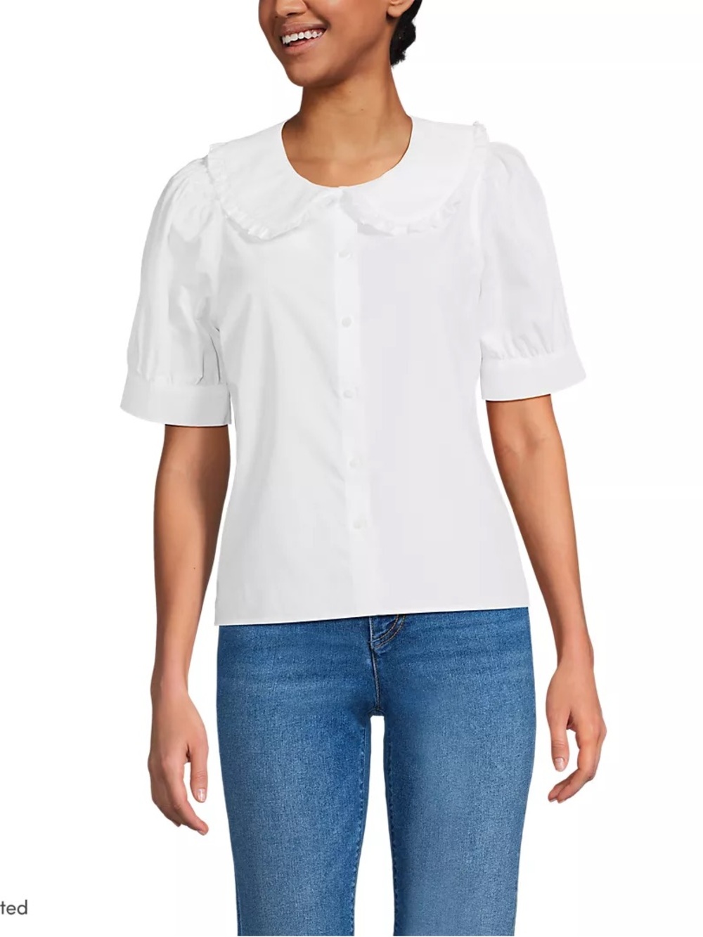 Lands' End White Ruffle Collar Button-Down Blouse